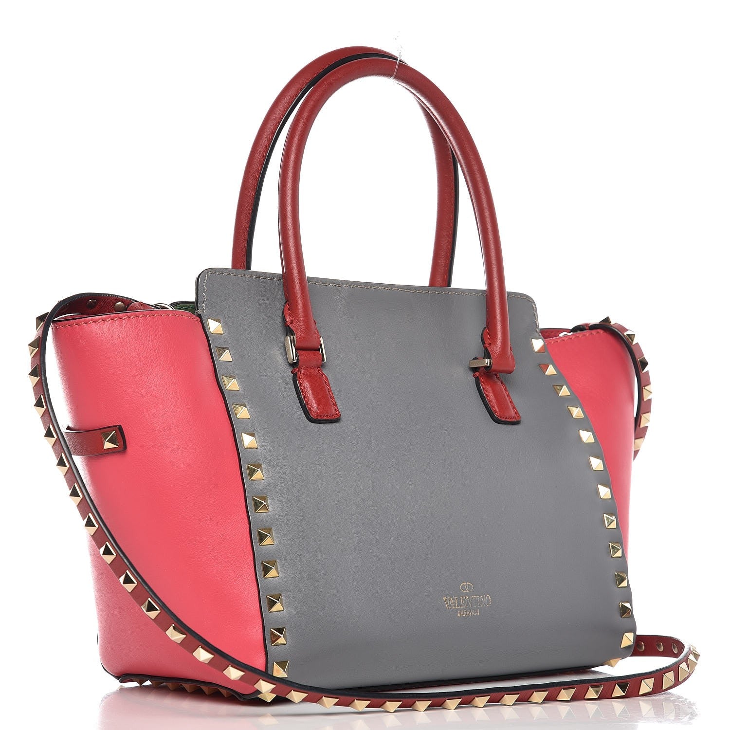 Valentino Garavani Vitello Colorblock Small Rockstud Double Handle Tote Deep Rose Clover Grey Scarlet 3 of 12
