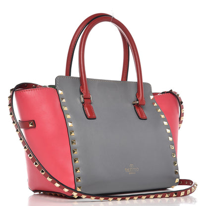 Valentino Garavani Vitello Colorblock Small Rockstud Double Handle Tote Deep Rose Clover Grey Scarlet 3 of 12