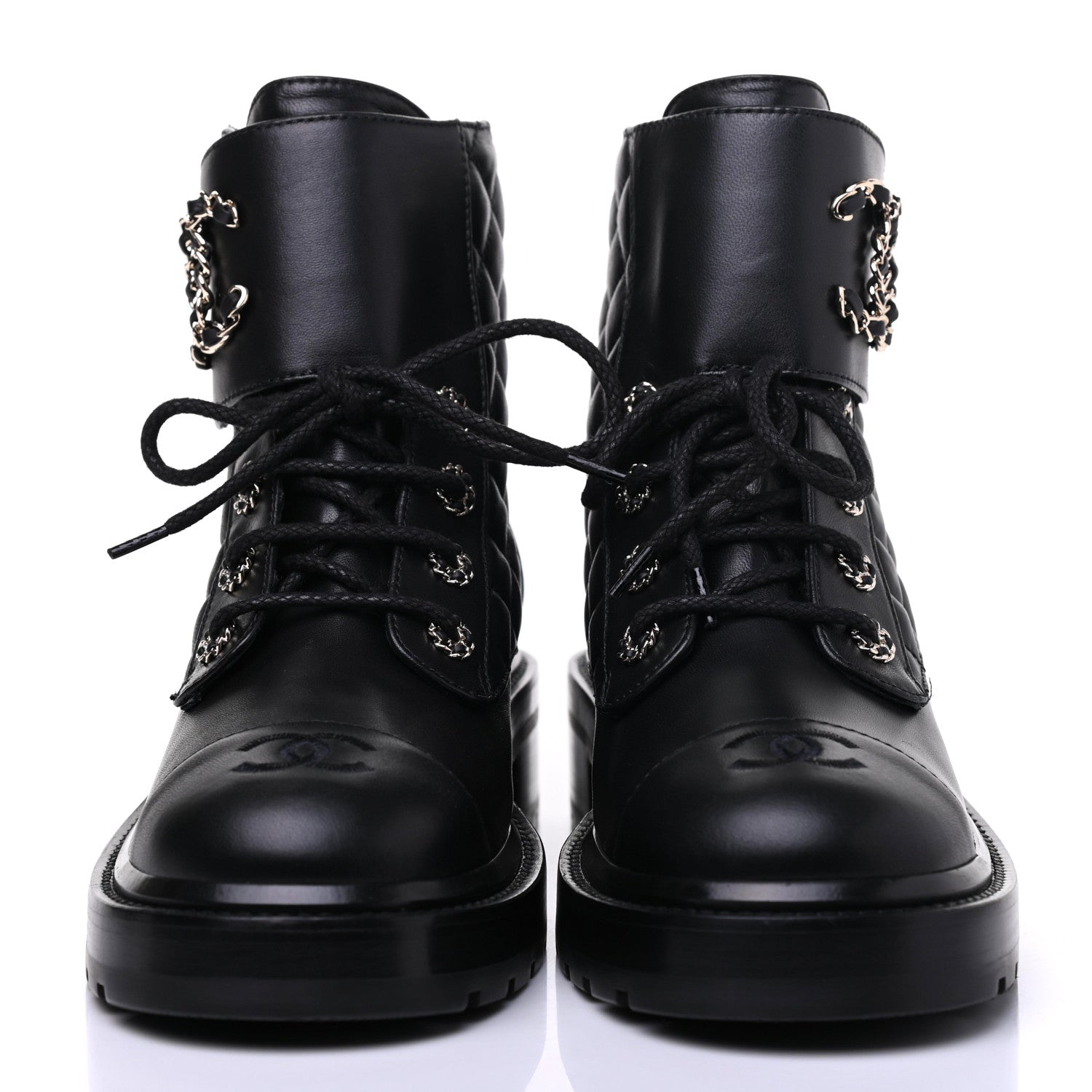 Chanel Shiny Lambskin Quilted Lace Up Combat Boots 39 Black 2 of 10