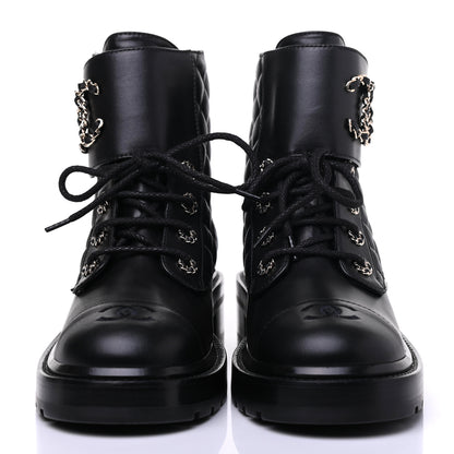 Chanel Shiny Lambskin Quilted Lace Up Combat Boots 39 Black 2 of 10