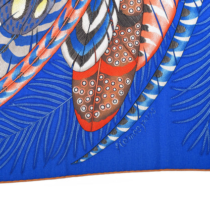Hermes Cashmere Silk Plumes En Fete Shawl 140 Bleu Roy Jaune Rouge 4 of 7