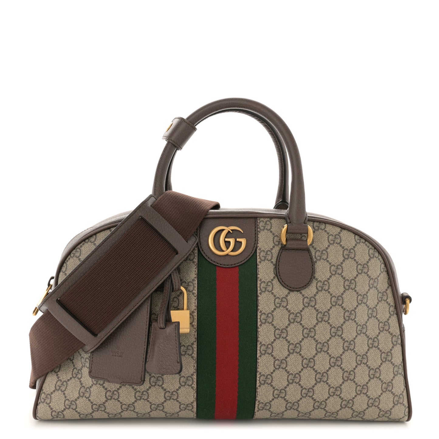 GG Supreme Monogram Textured Dollar Calfskin Web Medium Savoy Bowling Bag Beige Ebony New Acero