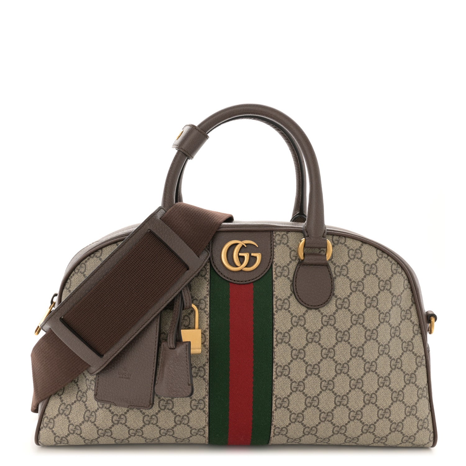 Gucci GG Supreme Monogram Textured Dollar Calfskin Web Medium Savoy Bowling Bag Beige Ebony New Acero 1 of 15