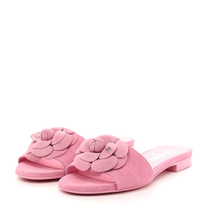 Chanel Suede Calfskin Camellia CC Slides 36 Pink 4 of 10