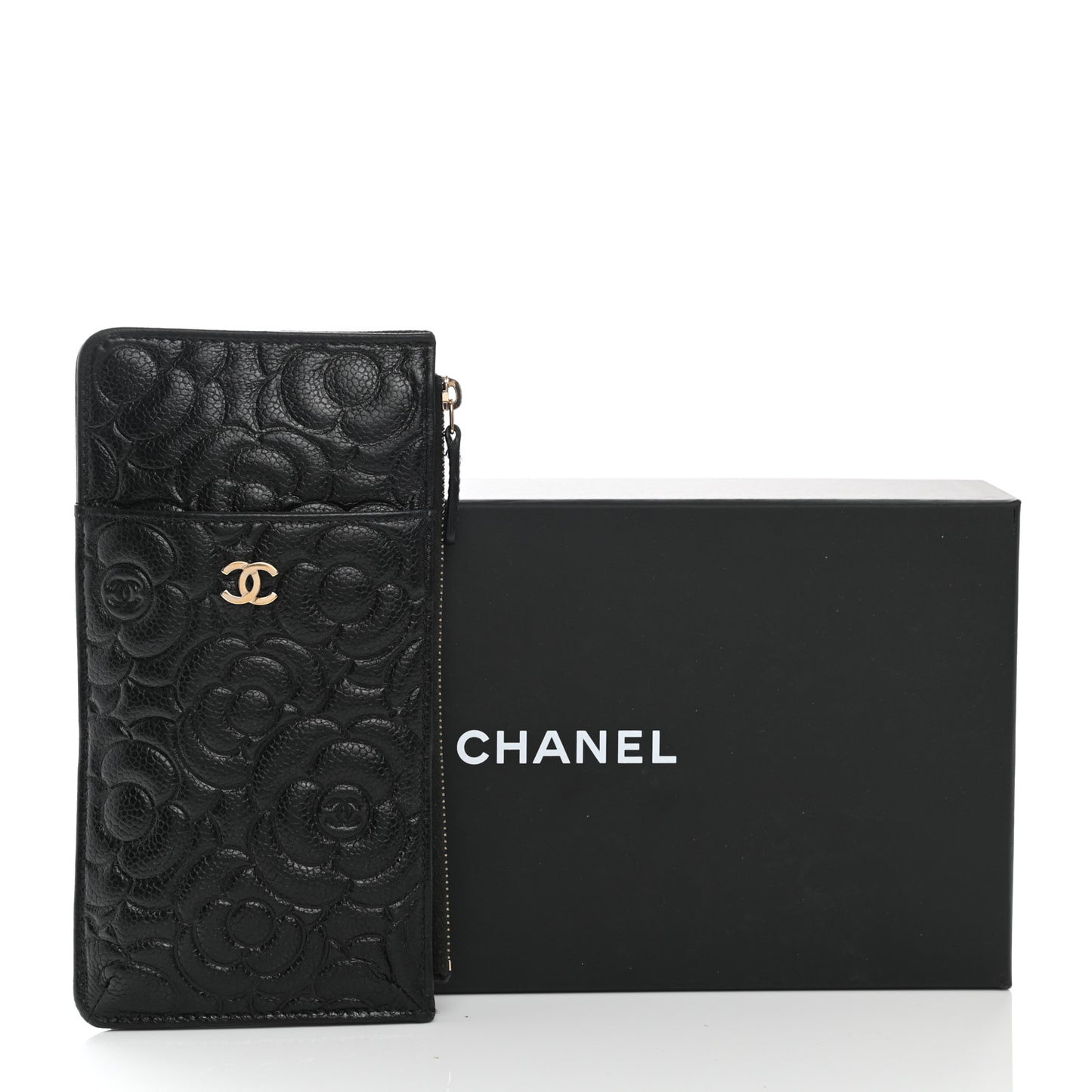 Caviar Camellia Embossed Classic Flat Wallet Pouch Black