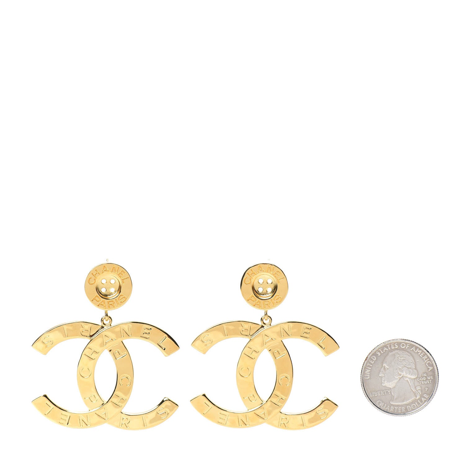 Chanel Metal Large Paris Button Earrings Gold 2 of 4
