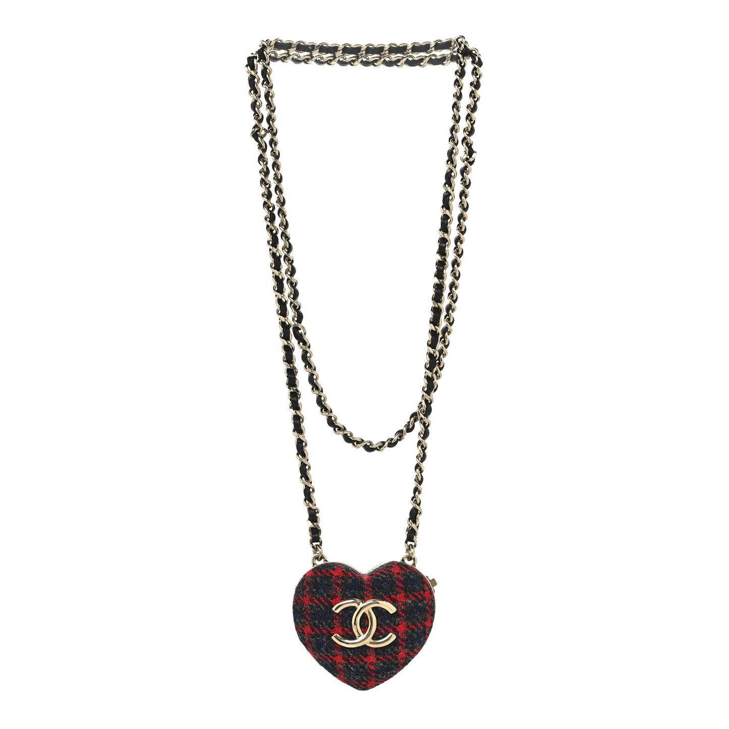 Tweed Lambskin CC Heart Locket Necklace Gold Grey Red Black