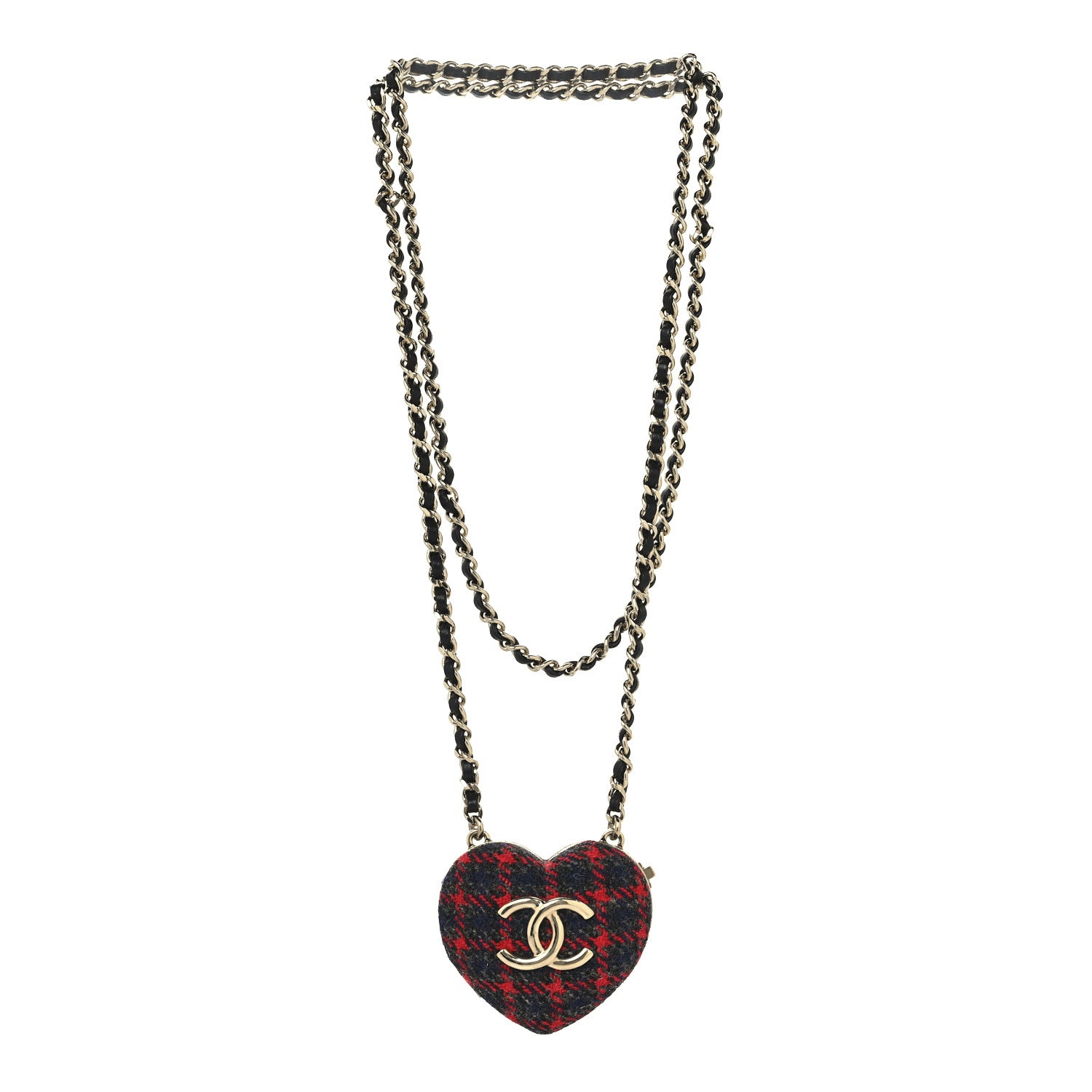 Chanel Tweed Lambskin CC Heart Locket Necklace Gold Grey Red Black 3 of 5