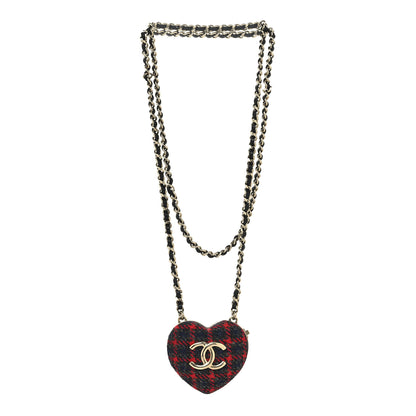 Chanel Tweed Lambskin CC Heart Locket Necklace Gold Grey Red Black 3 of 5