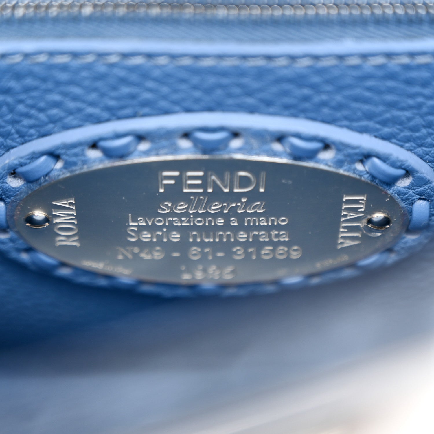 Fendi Cuoio Romano Selleria Macro Stitchings Mini Peekaboo Iconic Satchel Argento Blue 7 of 11