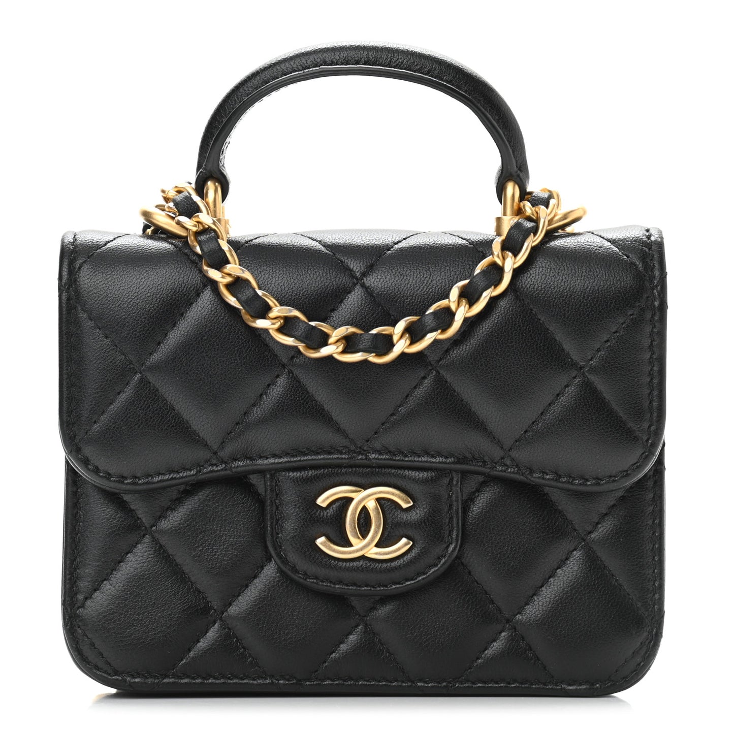 Lambskin Quilted Top Handle Flap Coin Purse With Chain Black