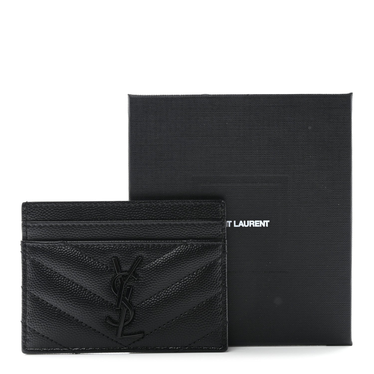 Saint Laurent Grain De Poudre Matelasse Chevron Monochrome Monogram Credit Card Case Black 8 of 8