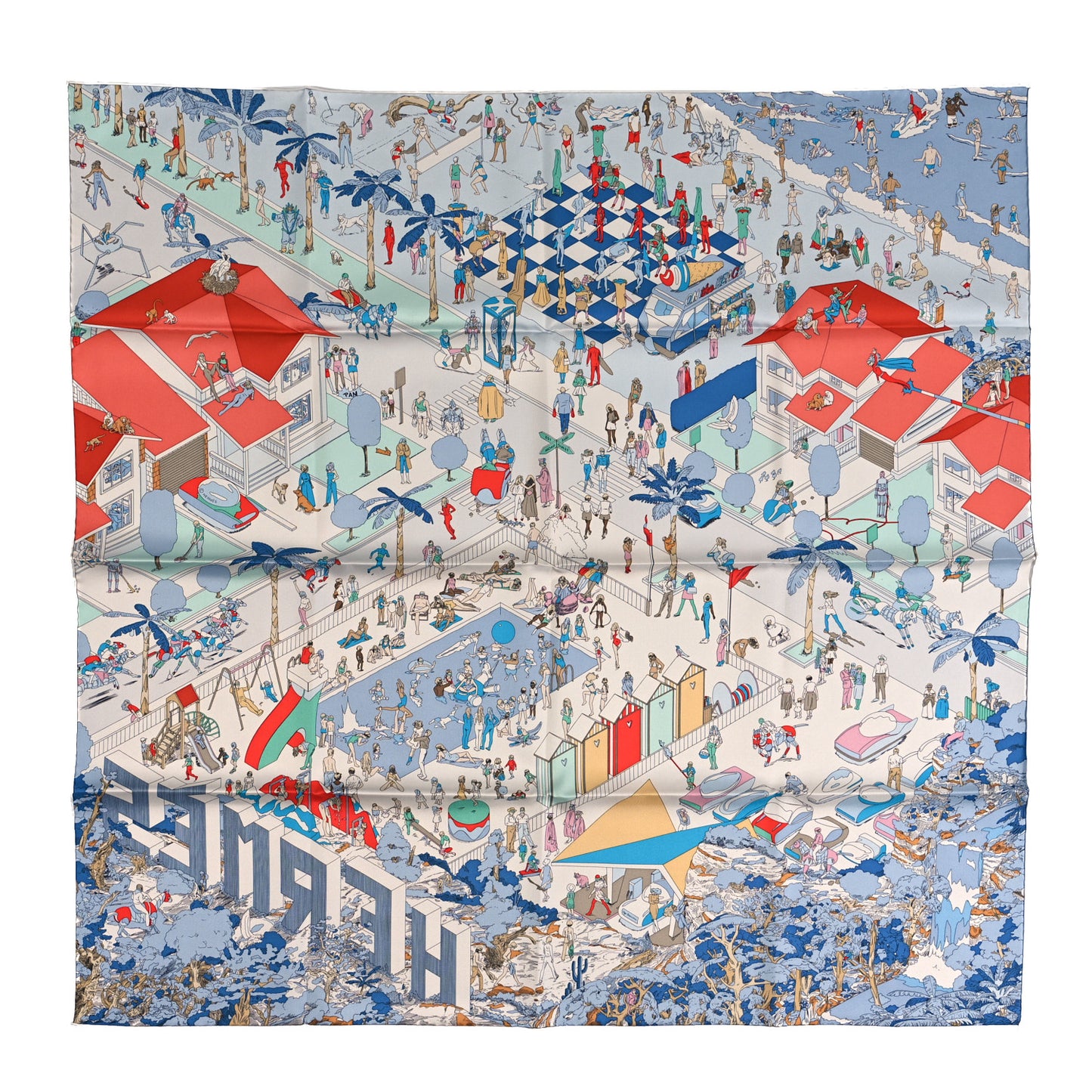 Silk On The Beach Scarf 90 Gris Argent Bleu Grenadine