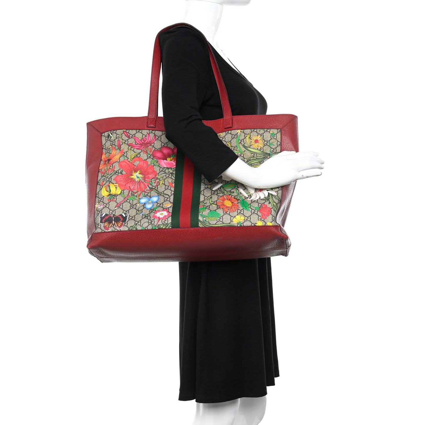 GG Supreme Monogram Flora Web Large Ophidia Tote Red
