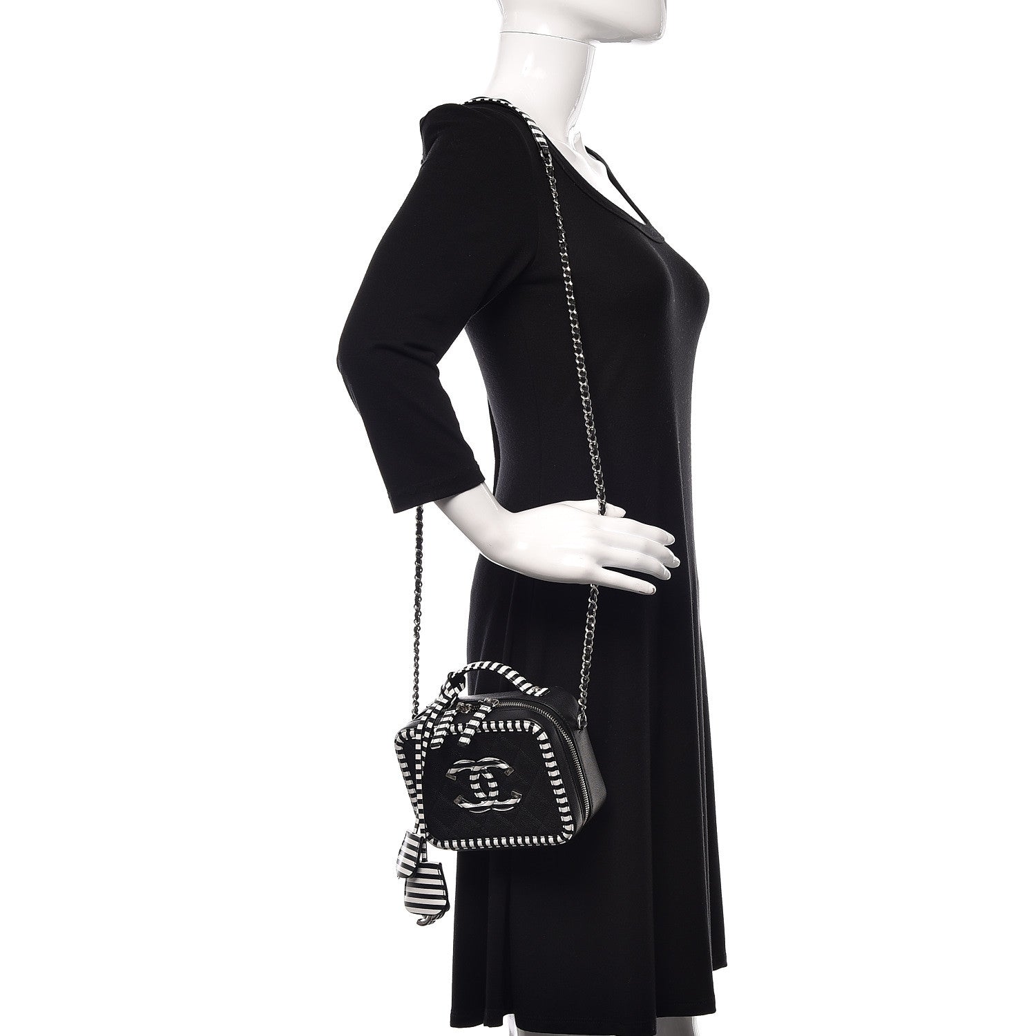 Chanel Caviar Quilted Striped Small CC Filigree Vanity Case Black White 2 of 10