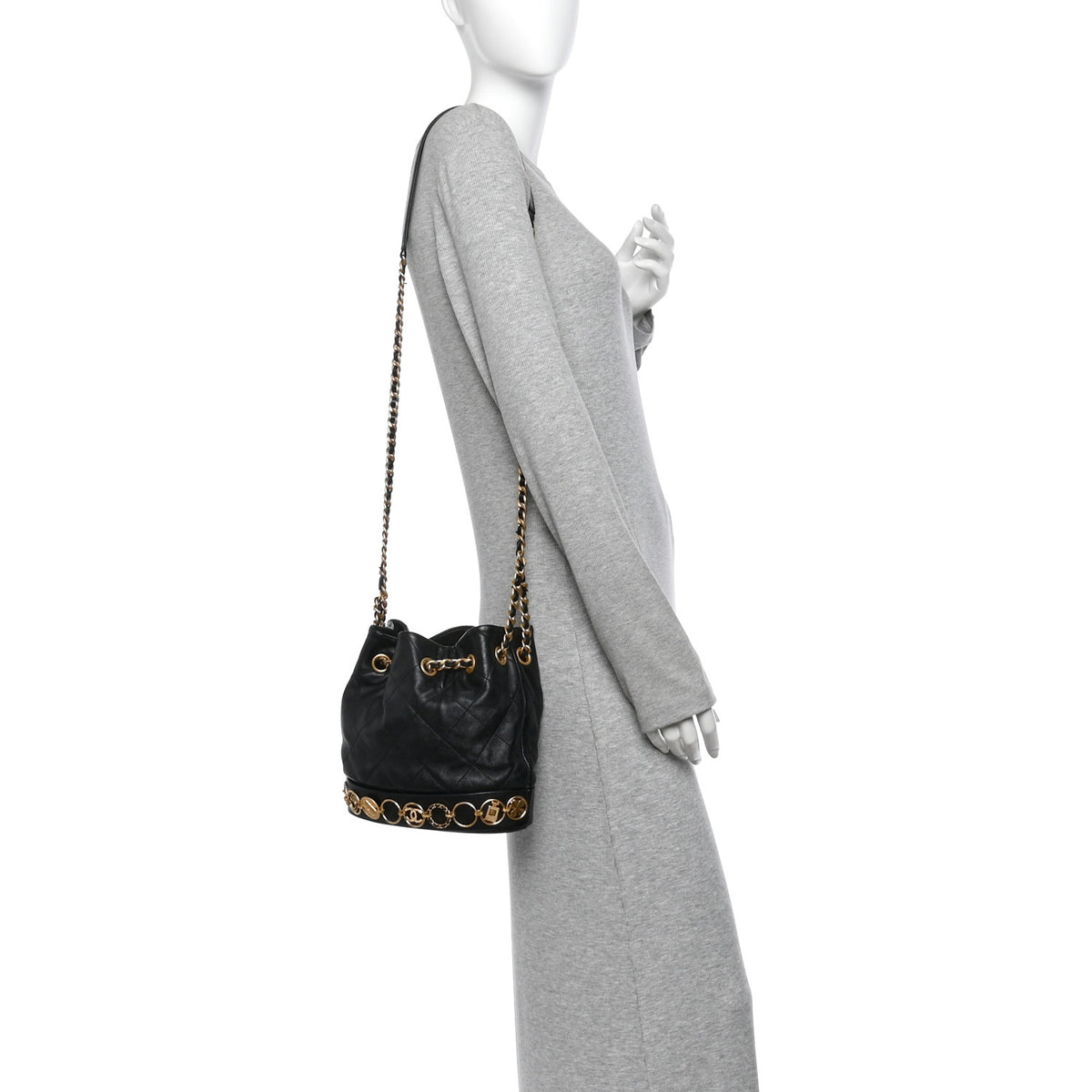 Chanel Shiny Lambskin Quilted Medallion Chain Drawstring Bucket Bag Black 2 of 9