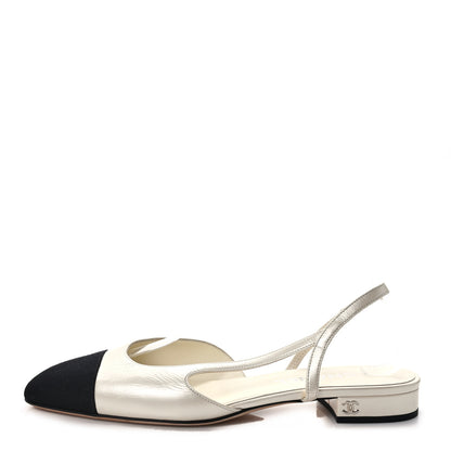 Chanel Iridescent Calfskin Cap Toe CC Slingback Pumps 39.5 White Black 1 of 7