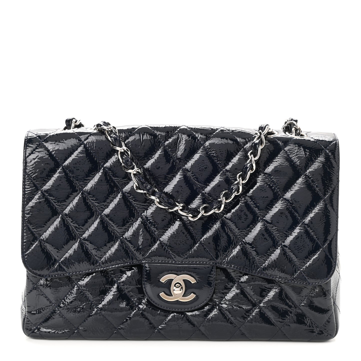 Crinkled Patent Quilted Jumbo Single Flap Dark Navy