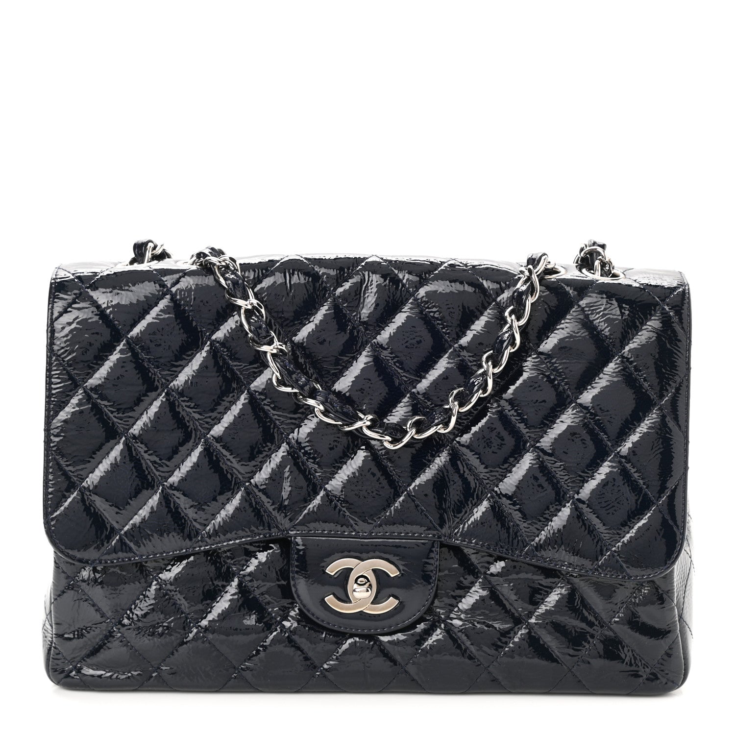 Chanel Crinkled Patent Quilted Jumbo Single Flap Dark Navy 1 of 10