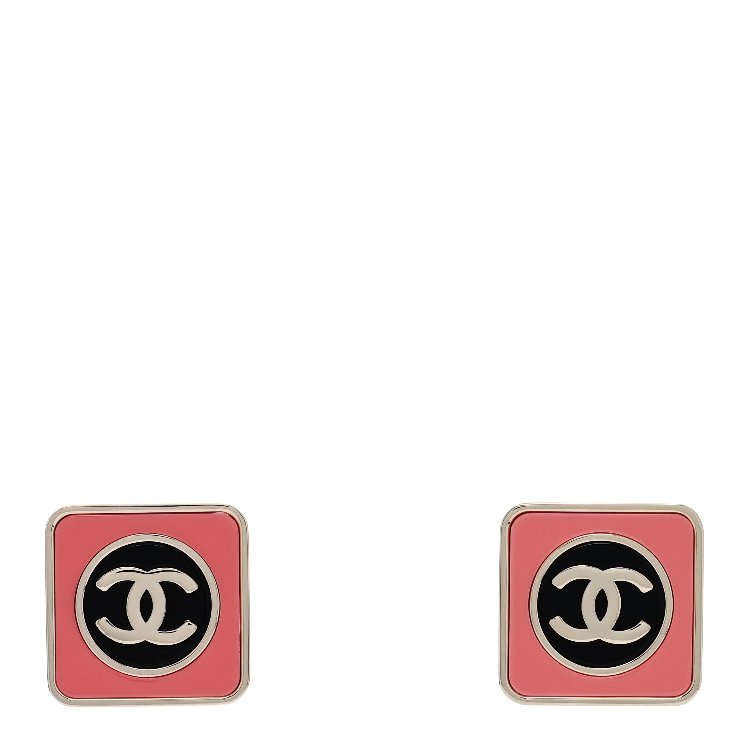 Chanel Metal Enamel CC Square Earrings Gold Pink Black 1 of 5