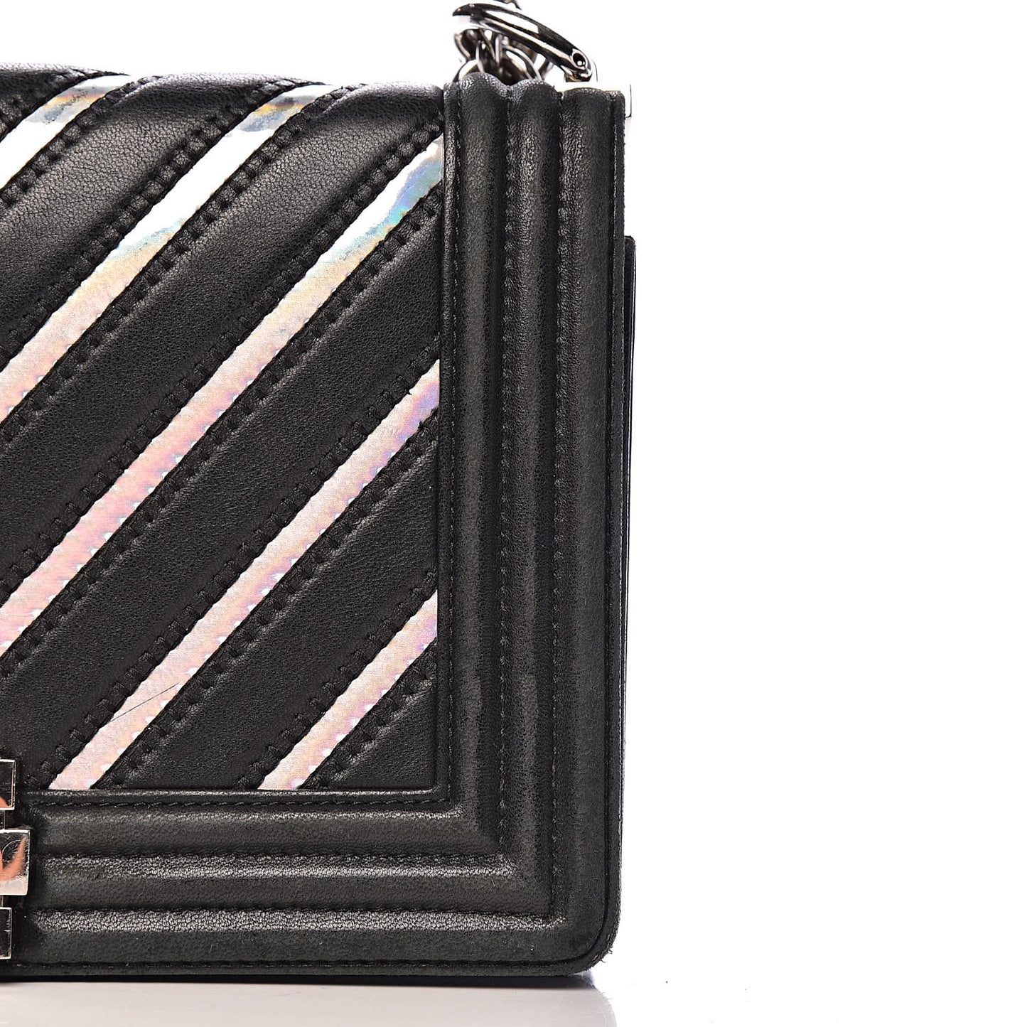 Lambskin Iridescent PVC Chevron Quilted Medium Boy Flap Black Silver