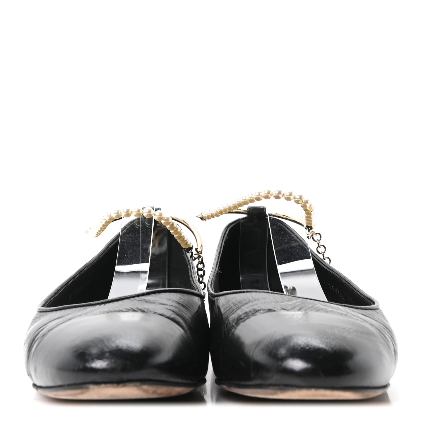 Shiny Lambskin Pearl Cap Toe Ankle Chain Ballerina Flats 41 Black