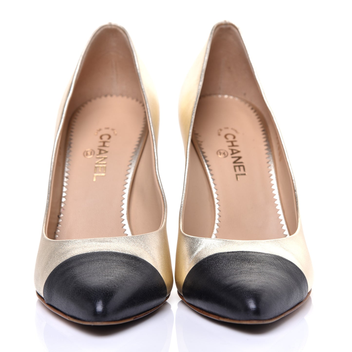 Metallic Lambskin CC Pumps 36 Light Gold Black
