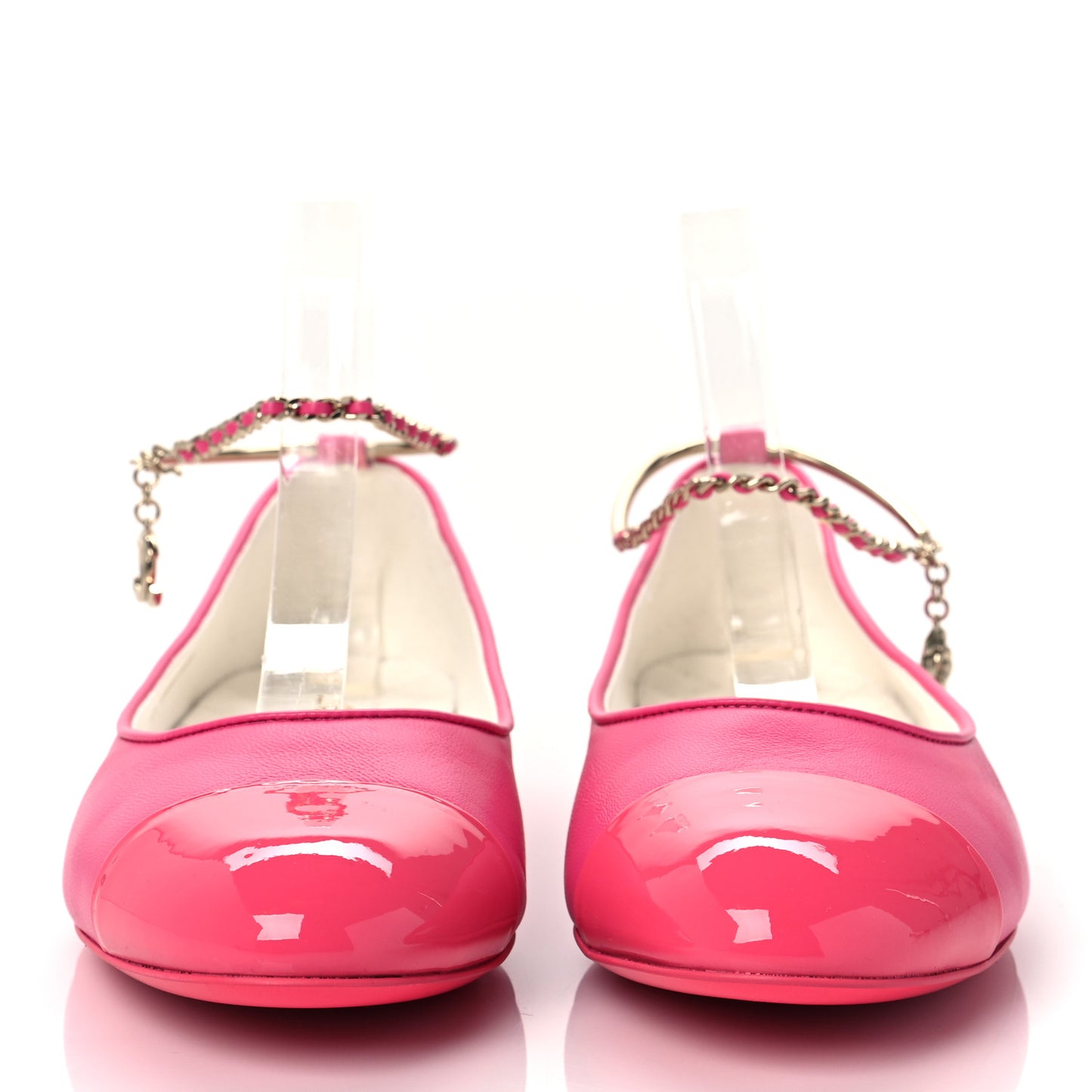 Lambskin Patent Calfskin Cap Toe Ankle Chain Ballerina Flats 41 Pink