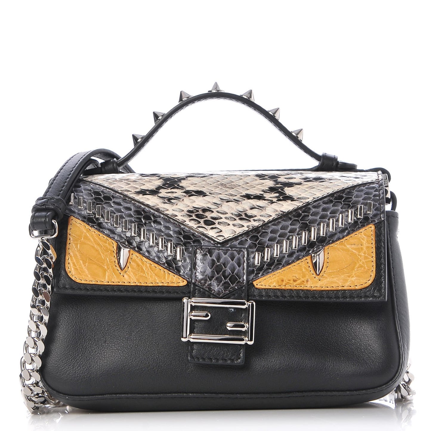 Calfskin Elaphe Crocodile Monster Studded Micro Double Baguette Black Grigio Polvere