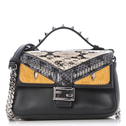 Fendi Calfskin Elaphe Crocodile Monster Studded Micro Double Baguette Black Grigio Polvere 1 of 9