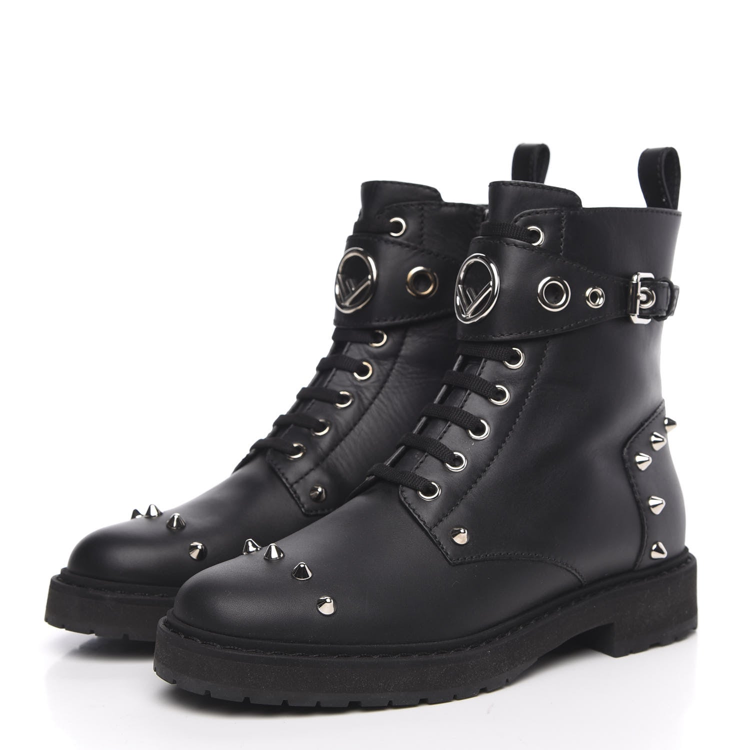 Fendi Vitello Studded FF Combat Boots 36 Black 3 of 6