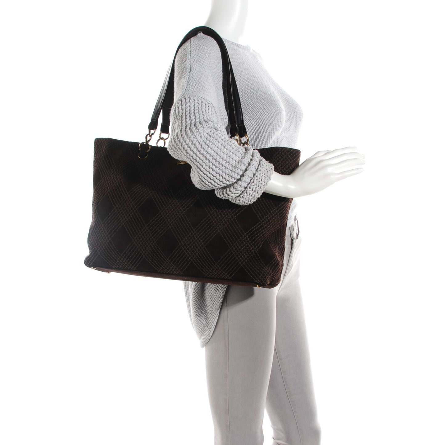 Suede Stitched Tote Dark Brown