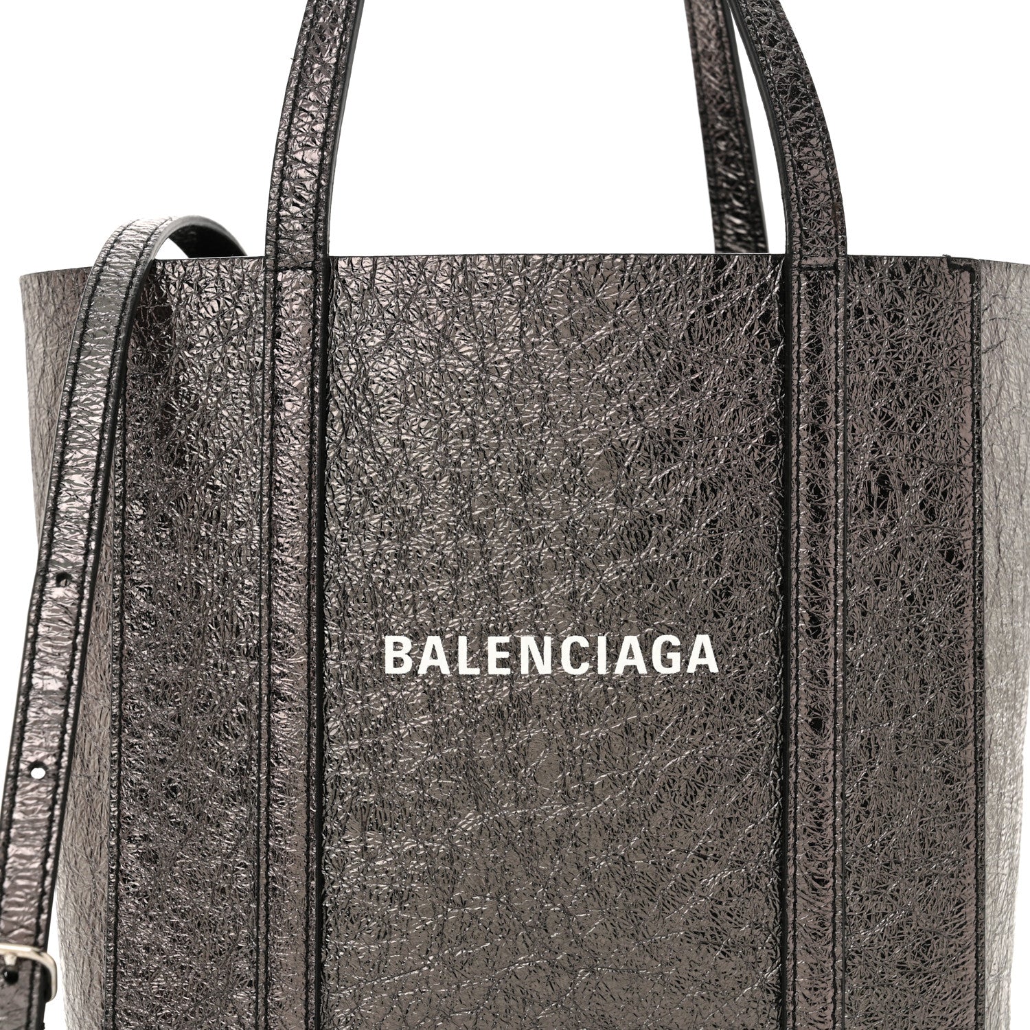 Balenciaga Metallic Textured Calfskin Logo Everyday Tote Black 8 of 11