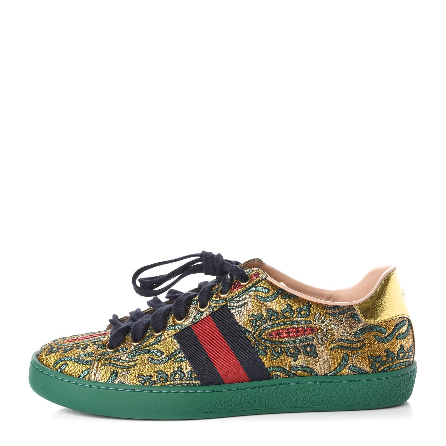 Gucci Jacquard Web Embroidered Womens New Ace Sneakers 37 Gold Green 1 of 8