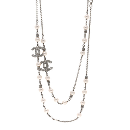 Chanel Pearl Crystal CC Necklace Silver 1 of 6