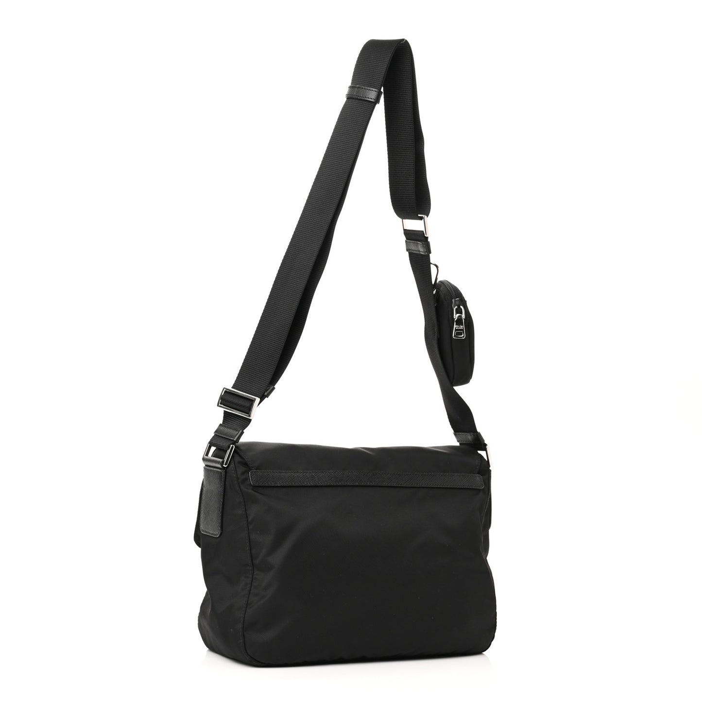 Re-Nylon Vela Saffiano Pocket Double Buckle Messenger Shoulder Bag Black