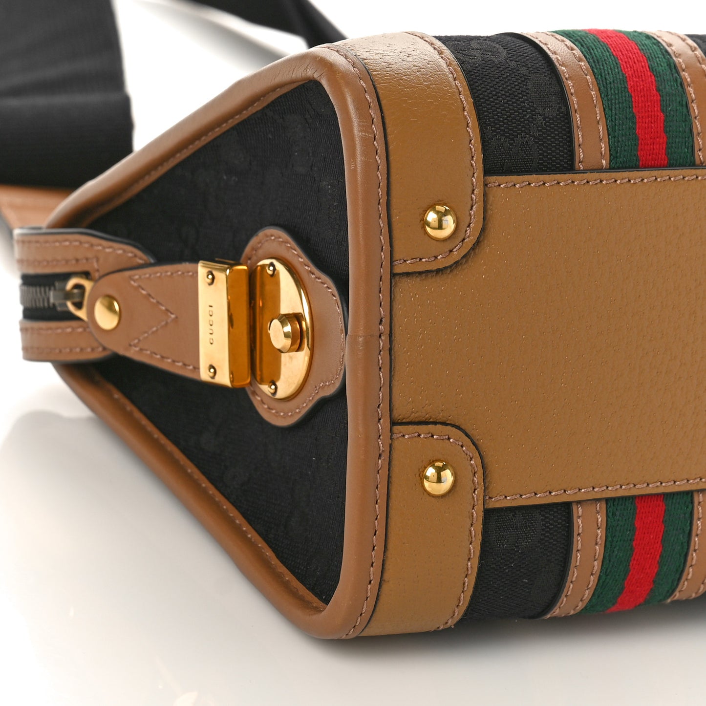 Monogram Textured Dollar Calfskin Web Small Bauletto Duffle Top Handle Bag Black Koi Beige