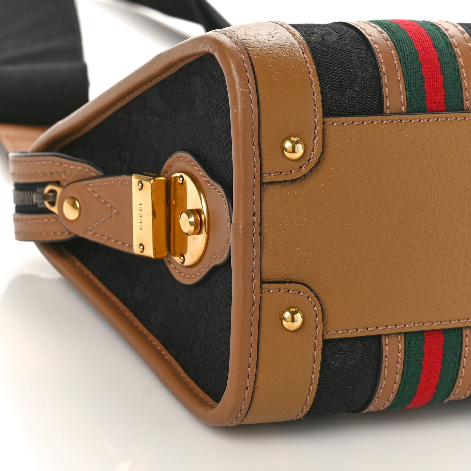 Gucci Monogram Textured Dollar Calfskin Web Small Bauletto Duffle Top Handle Bag Black Koi Beige 8 of 9