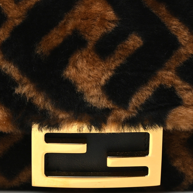 Shearling Vitello Dolce Macro FF 1974 Mini Baguette Tobacco Black