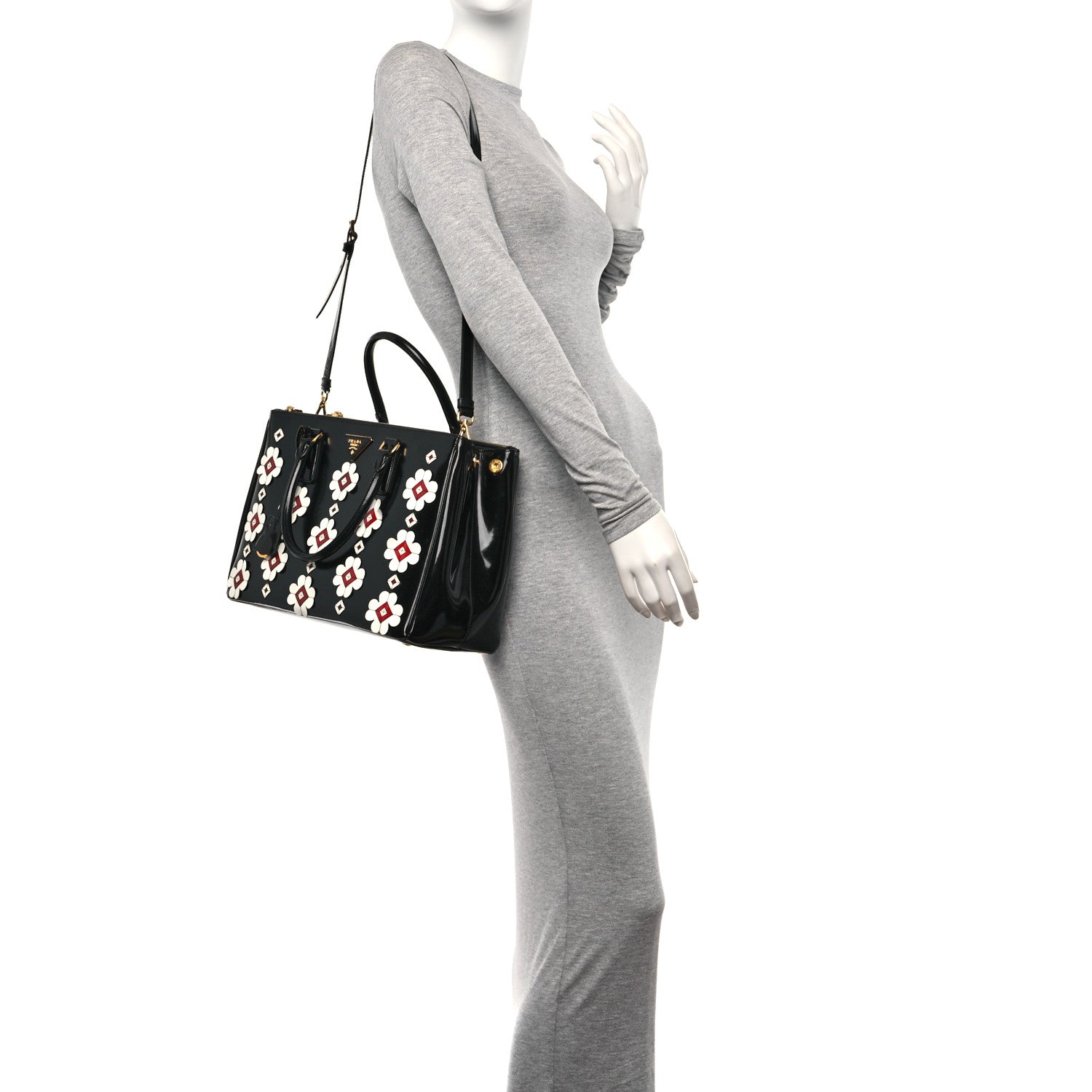 Prada Spazzolato Floral Medium Galleria Double Zip Tote Black White 2 of 9