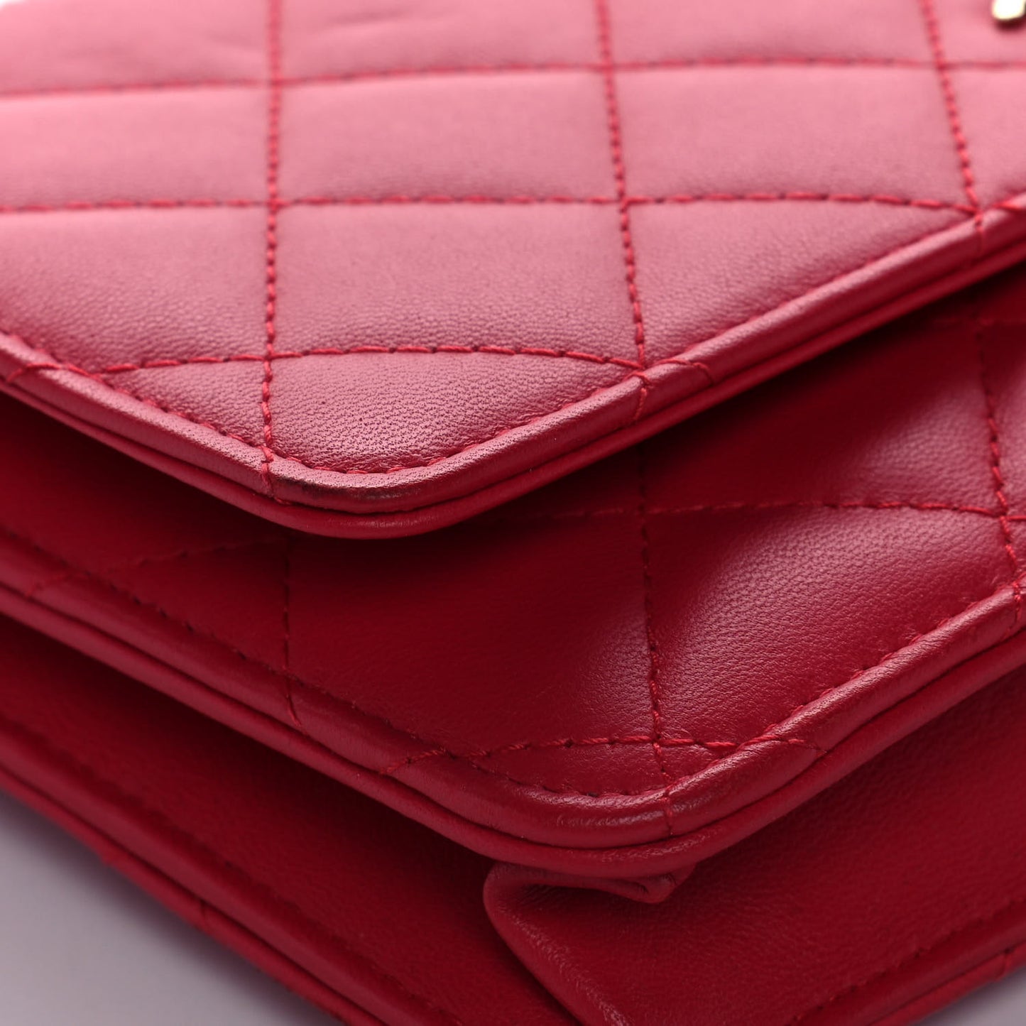 Lambskin Quilted Wallet On Chain WOC Light Red