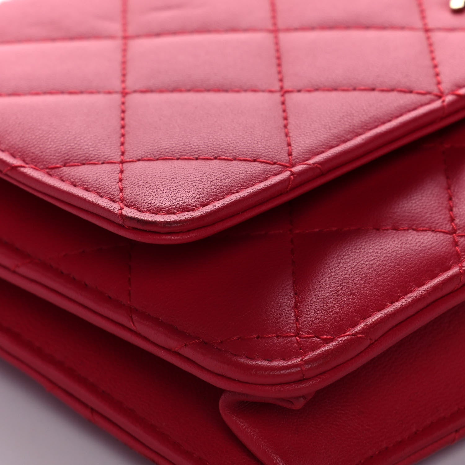 Chanel Lambskin Quilted Wallet On Chain WOC Light Red 10 of 15