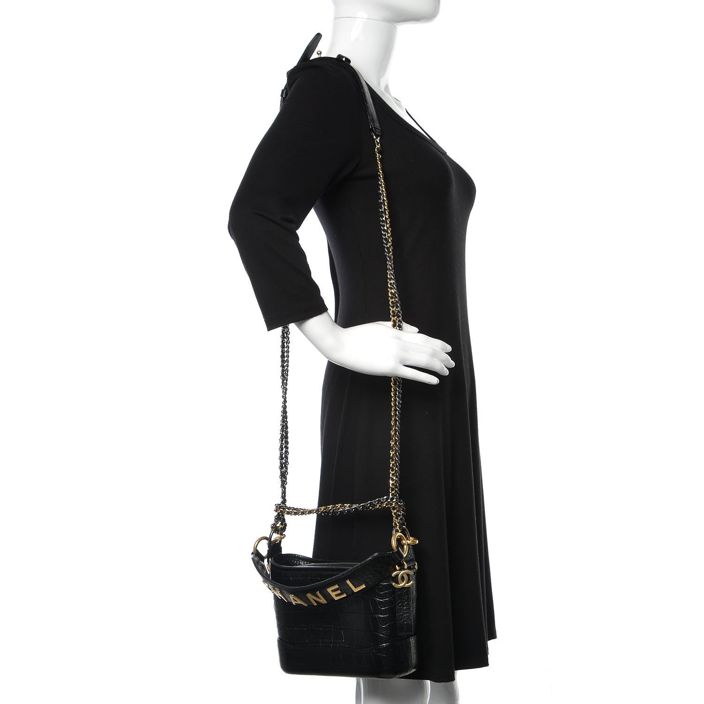 Calfskin Crocodile Embossed Small Gabrielle Cocodile Hobo Black