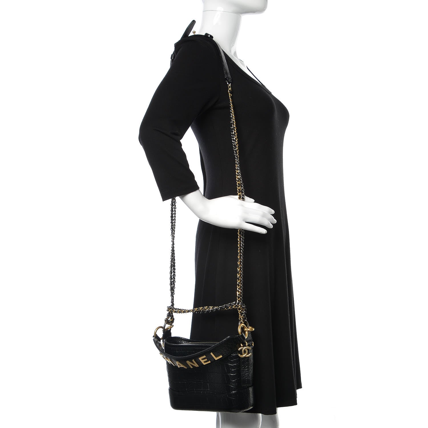 Chanel Calfskin Crocodile Embossed Small Gabrielle Cocodile Hobo Black 2 of 11