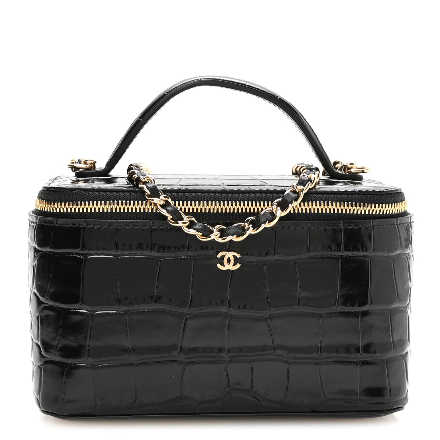 Calfskin Crocodile Embossed Exoticoco Small Top Handle Vanity Case With Chain Black