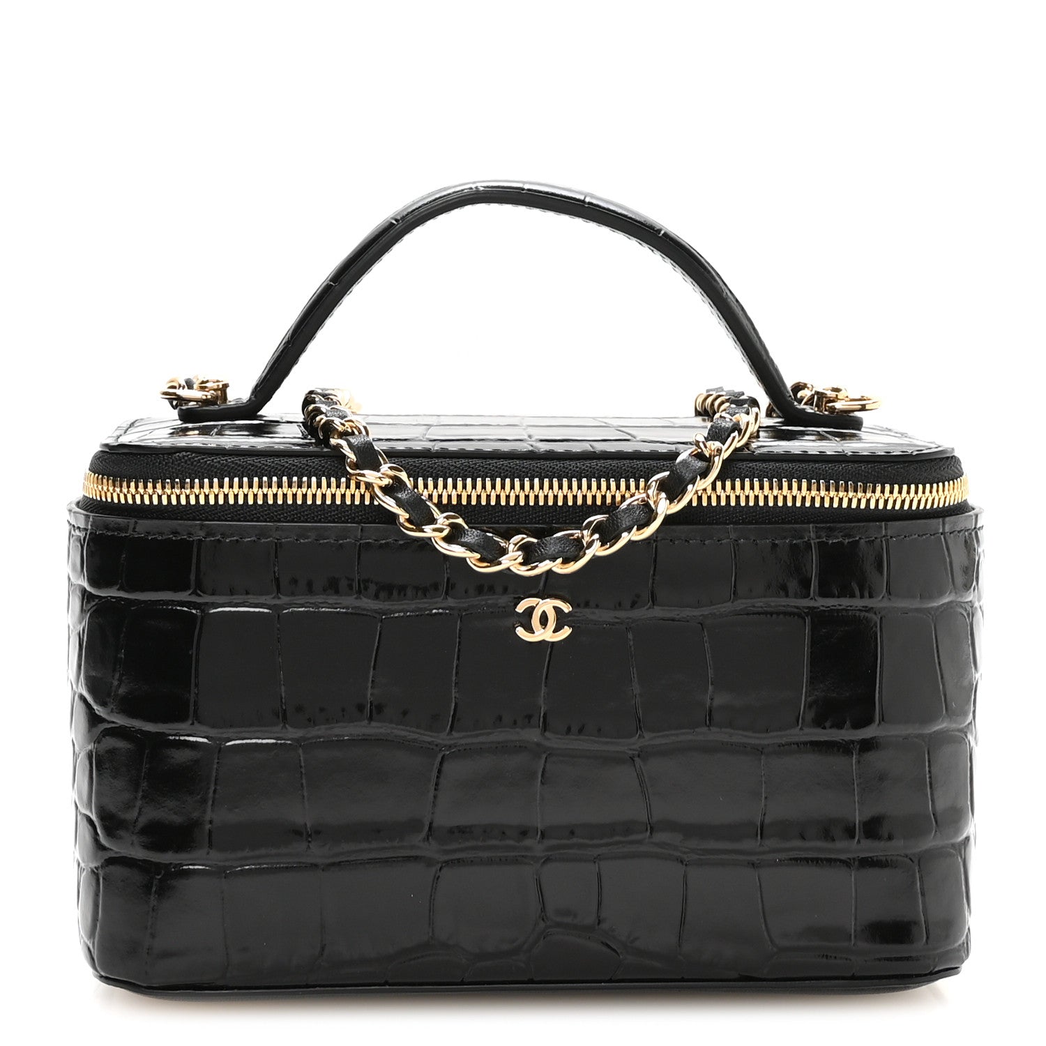 Chanel Calfskin Crocodile Embossed Exoticoco Small Top Handle Vanity Case With Chain Black 1 of 11