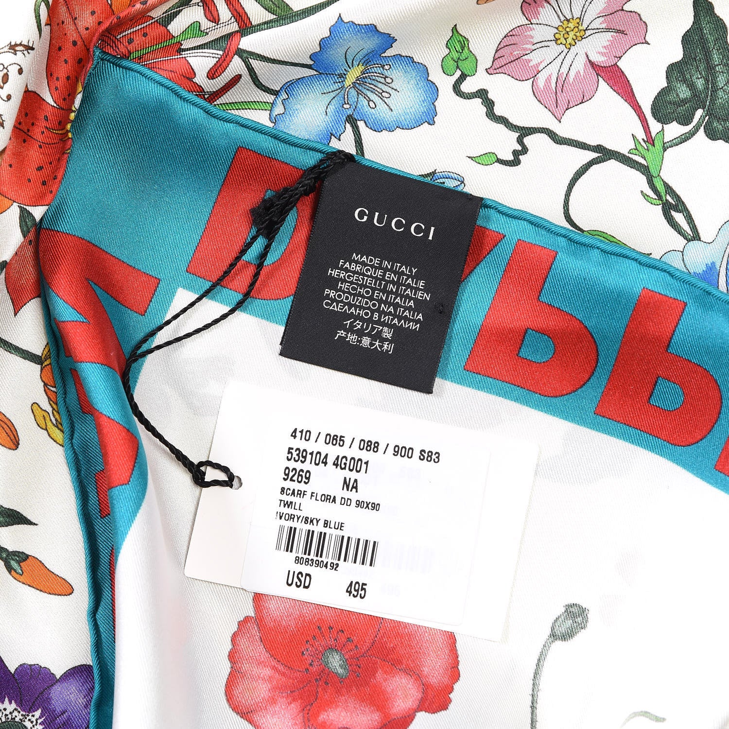 Gucci X DAPPER DAN Silk Flora Square Scarf Ivory Sky Blue 5 of 5