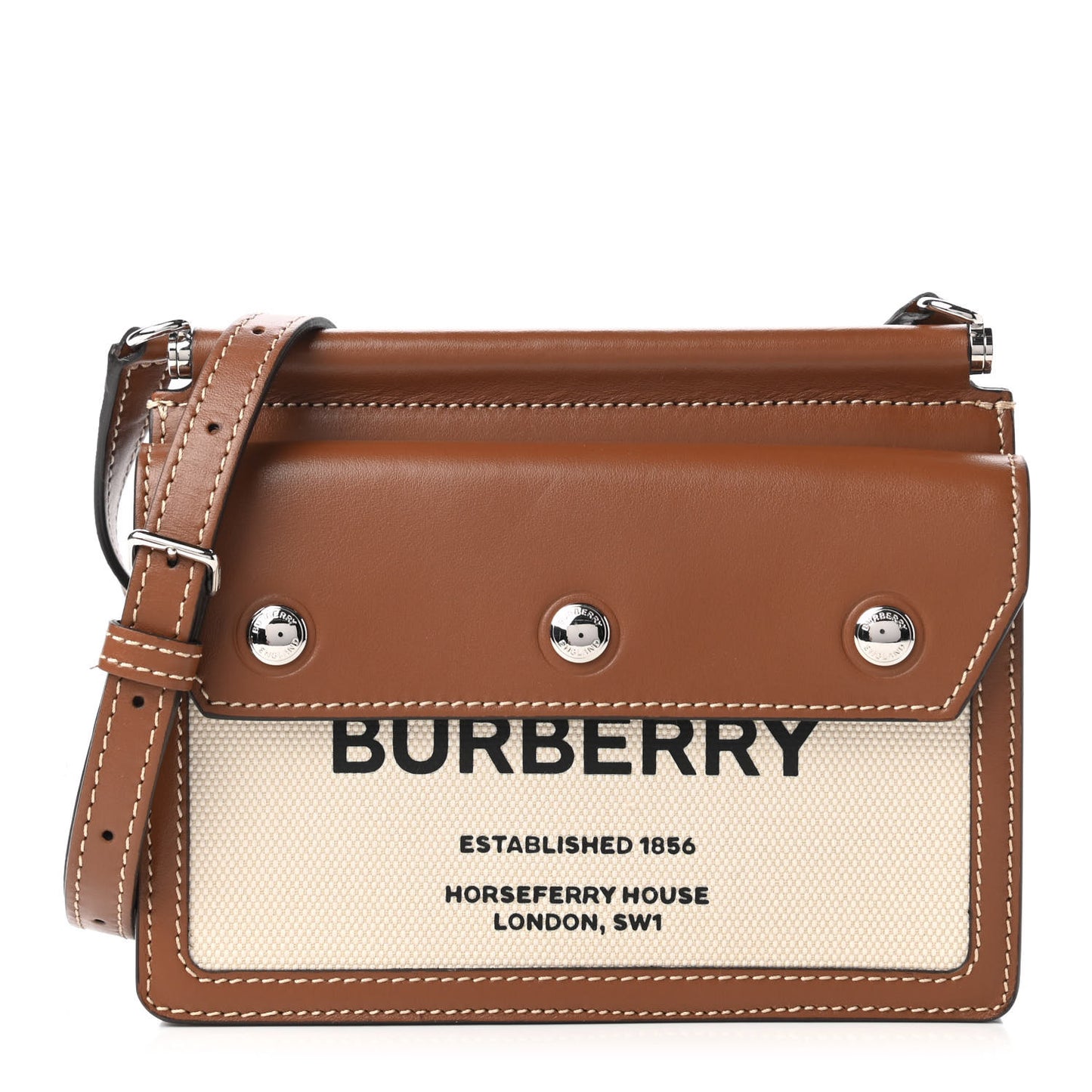 Smooth Calfskin Canvas Horseferry Print Mini Title Bag with Pocket Natural Malt Brown