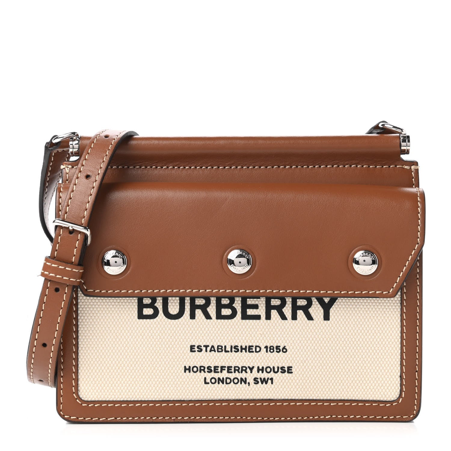 Burberry Smooth Calfskin Canvas Horseferry Print Mini Title Bag with Pocket Natural Malt Brown 1 of 10