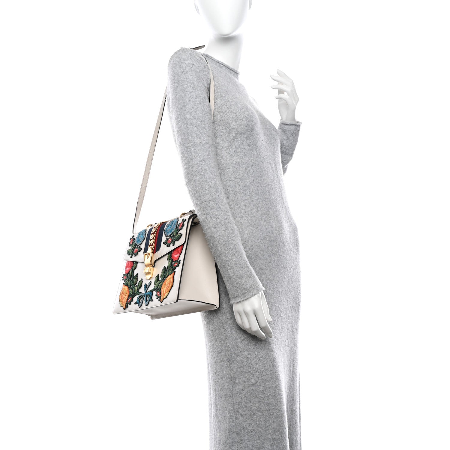 Gucci Calfskin Floral Medium Sylvie Top Handle Bag Off White 2 of 16